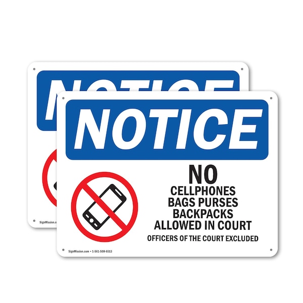 Signmission No Cell Phones Bags Purses In Court, 10 in W x Rectangle, Plastic OS-2PACK-NS-P-710-L-16033 - main